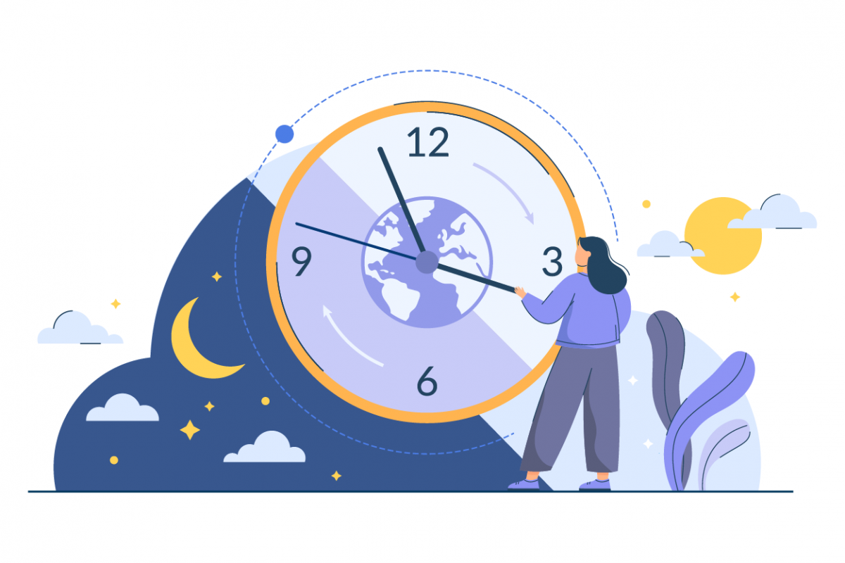 Image of person adjusting a clock with day and night.