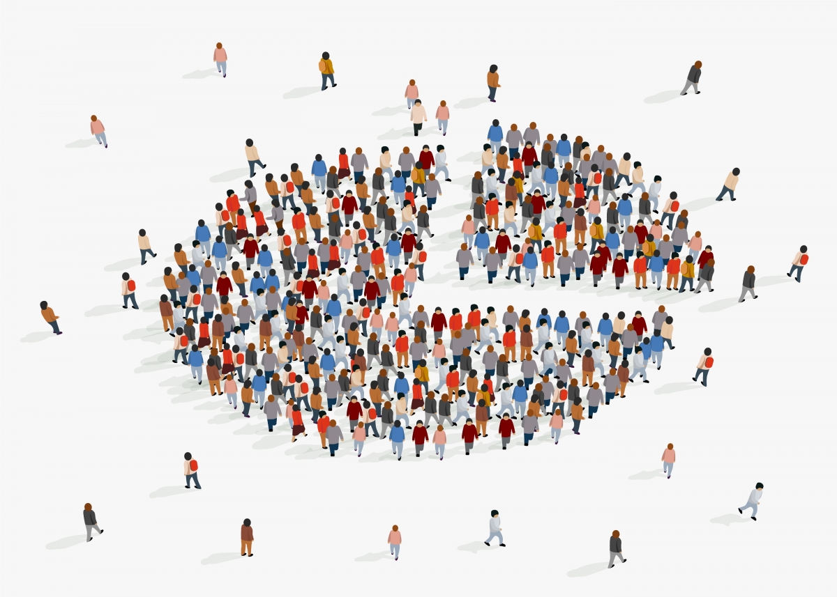Illustration of a group of people in a circle with a fraction moving out