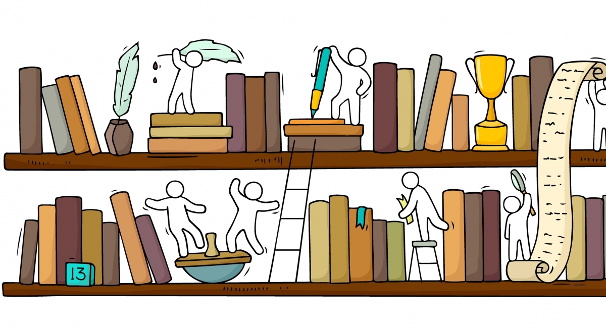 Bookshelf illustration with characters with writing instruments