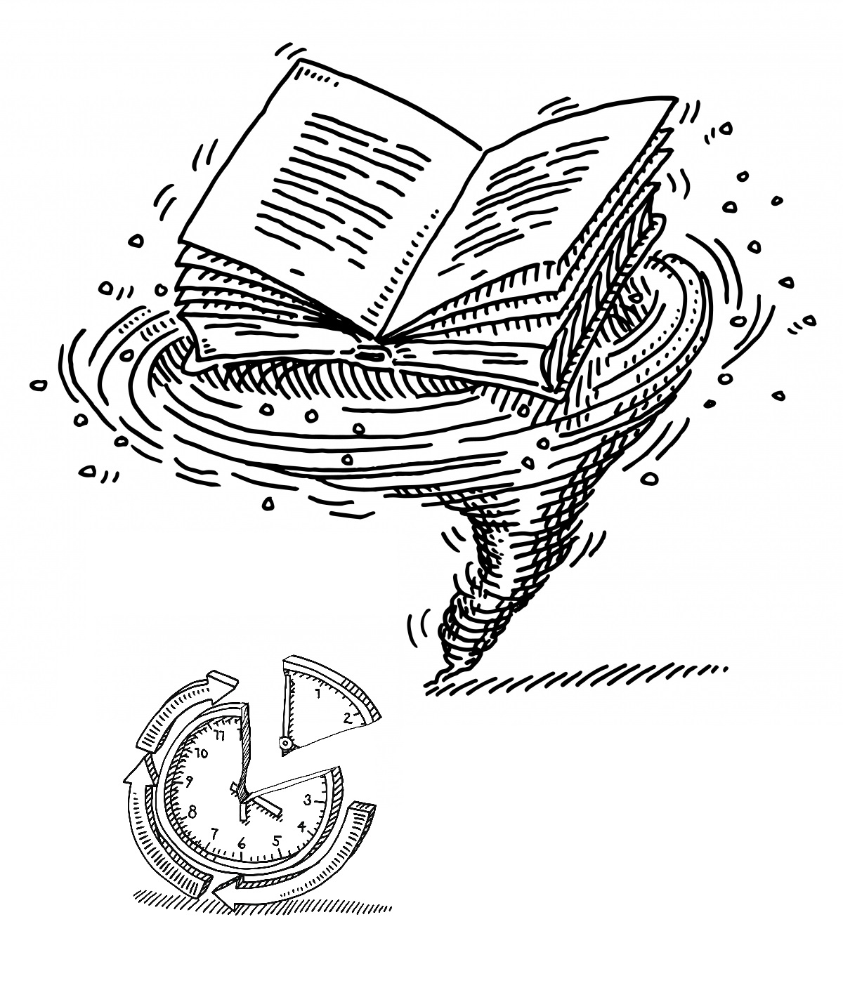 Whirlwind with book and clock with a slice cut out