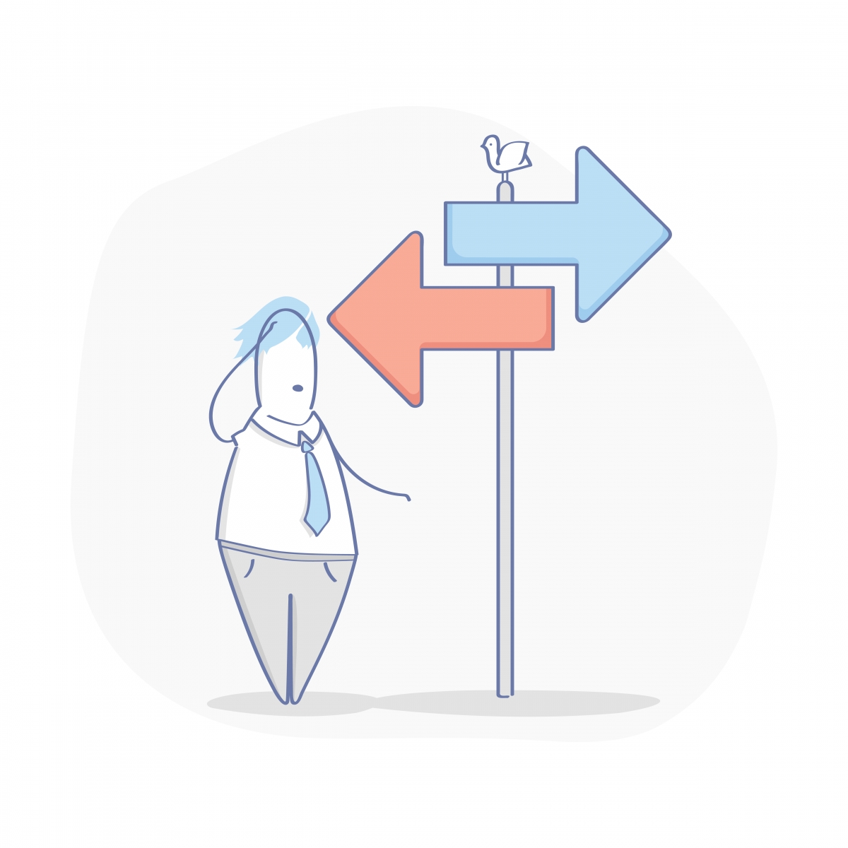 Small character with signposts