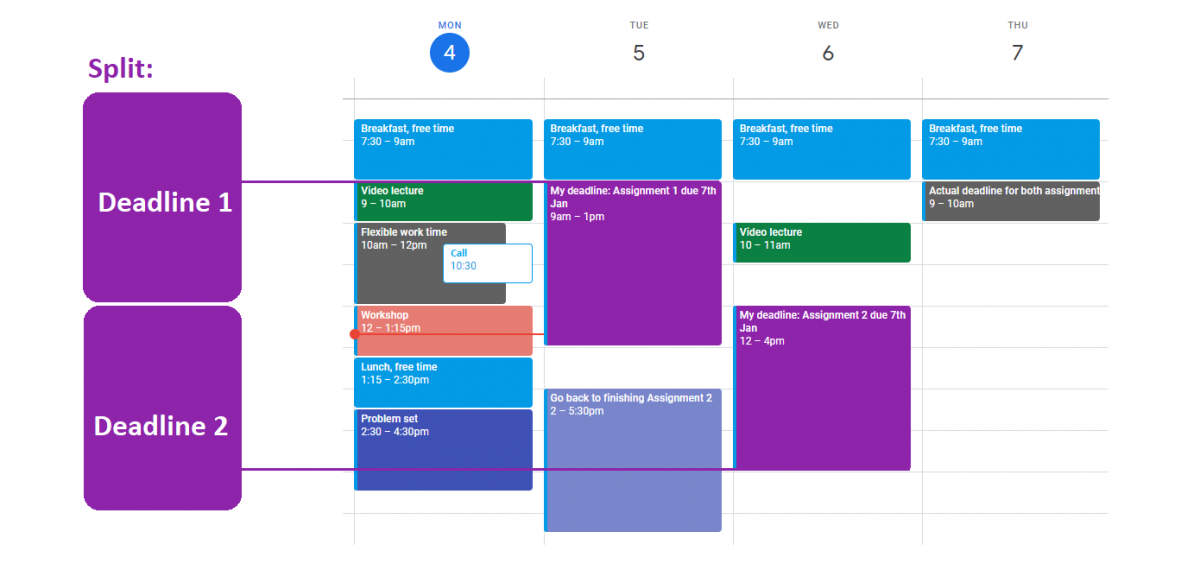 Deadlines placed in a calendar