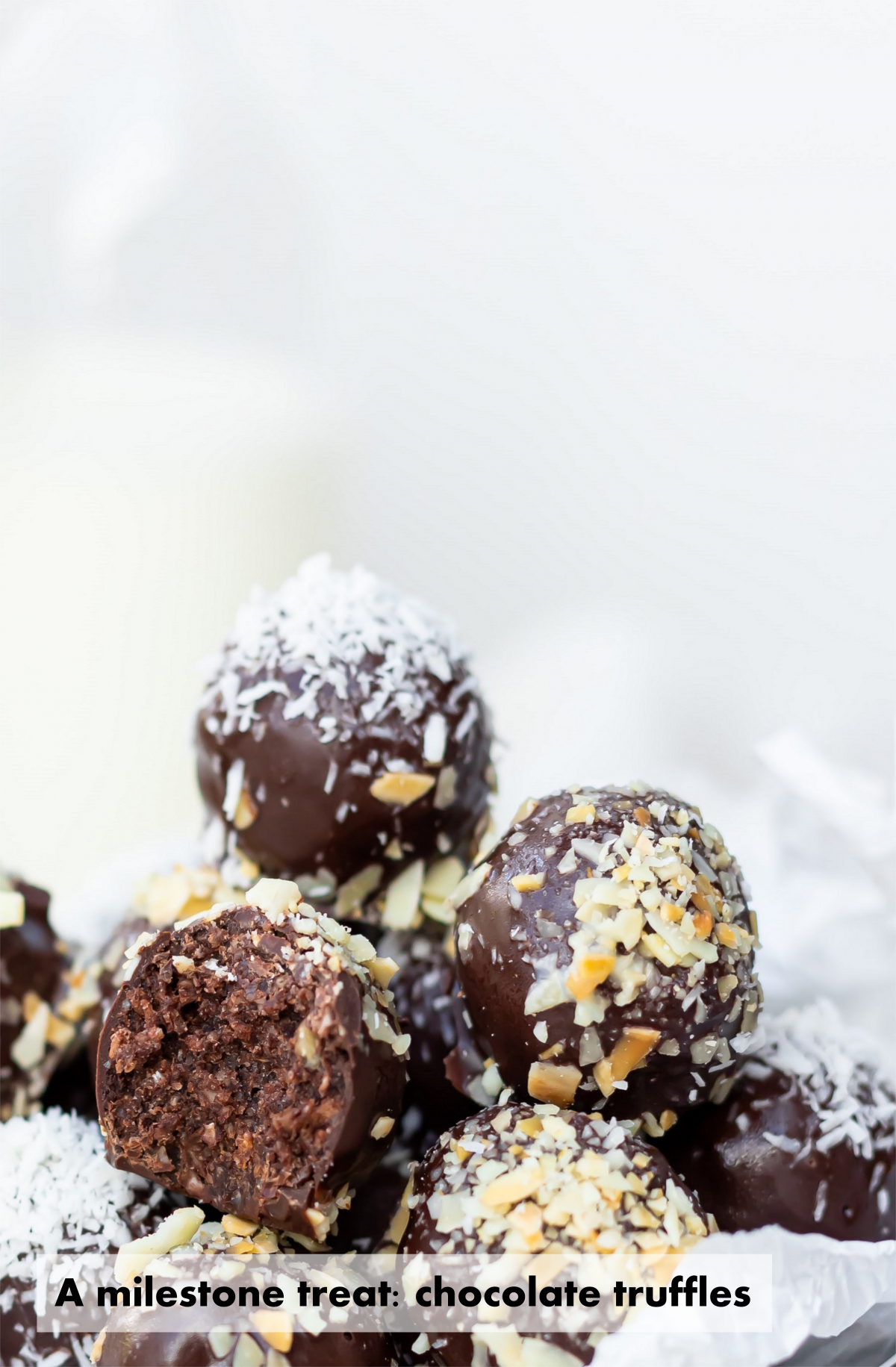 Pile of chocolate truffles. Caption: A milestone treat: chocolate truffles