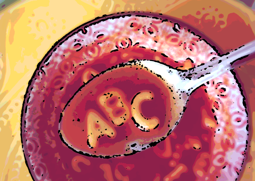 Alphabet soup with the letters ABC on a spoon