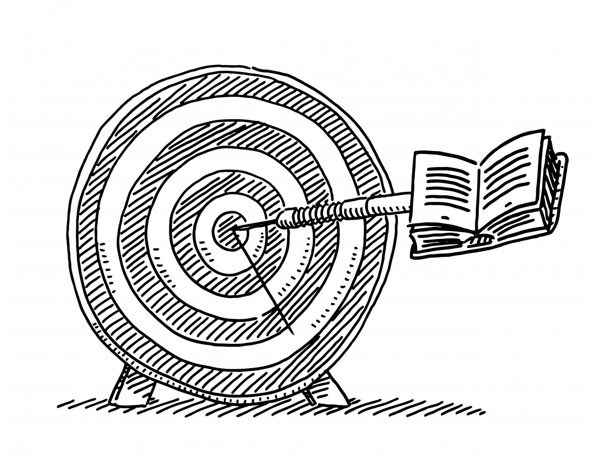 Illustration of a target board with a book at the end of the arrow