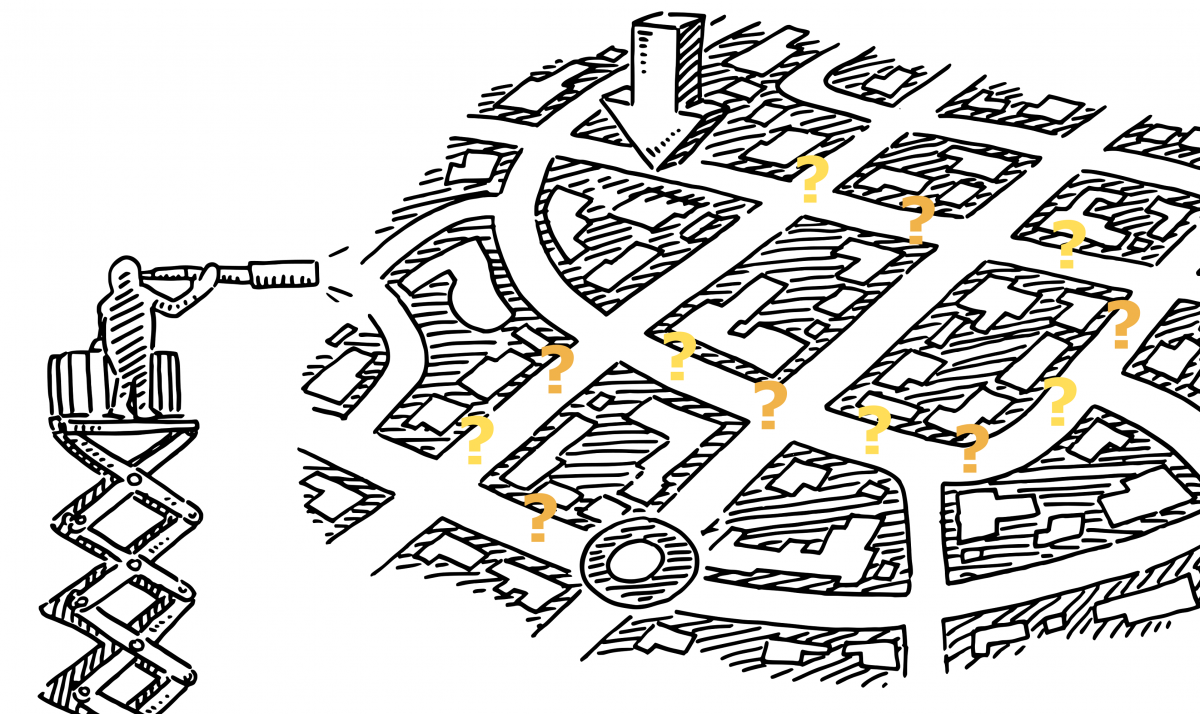 Illustration of a small character surveying a town with a path of question marks through it