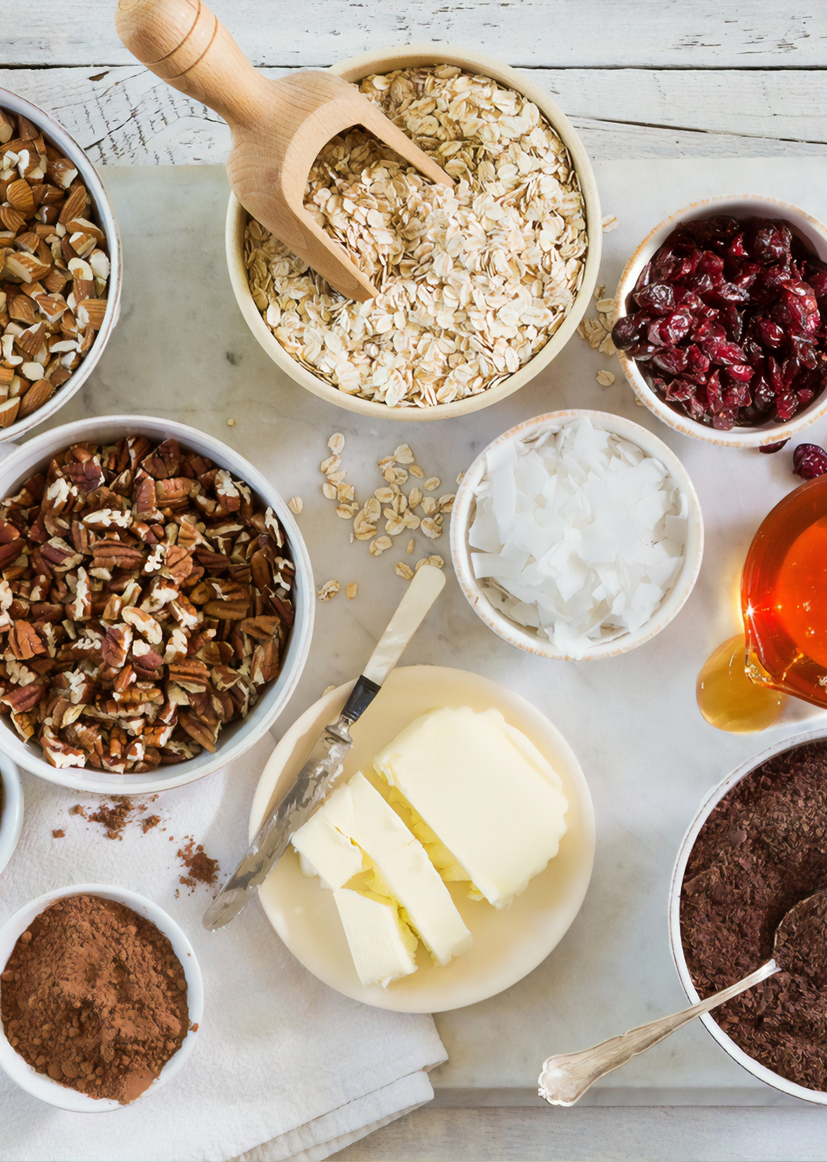 Flat-lay photograph of different baking ingredients