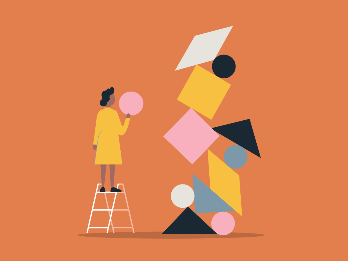 Image of a woman balancing pink, yellow, black, grey and white shapes.