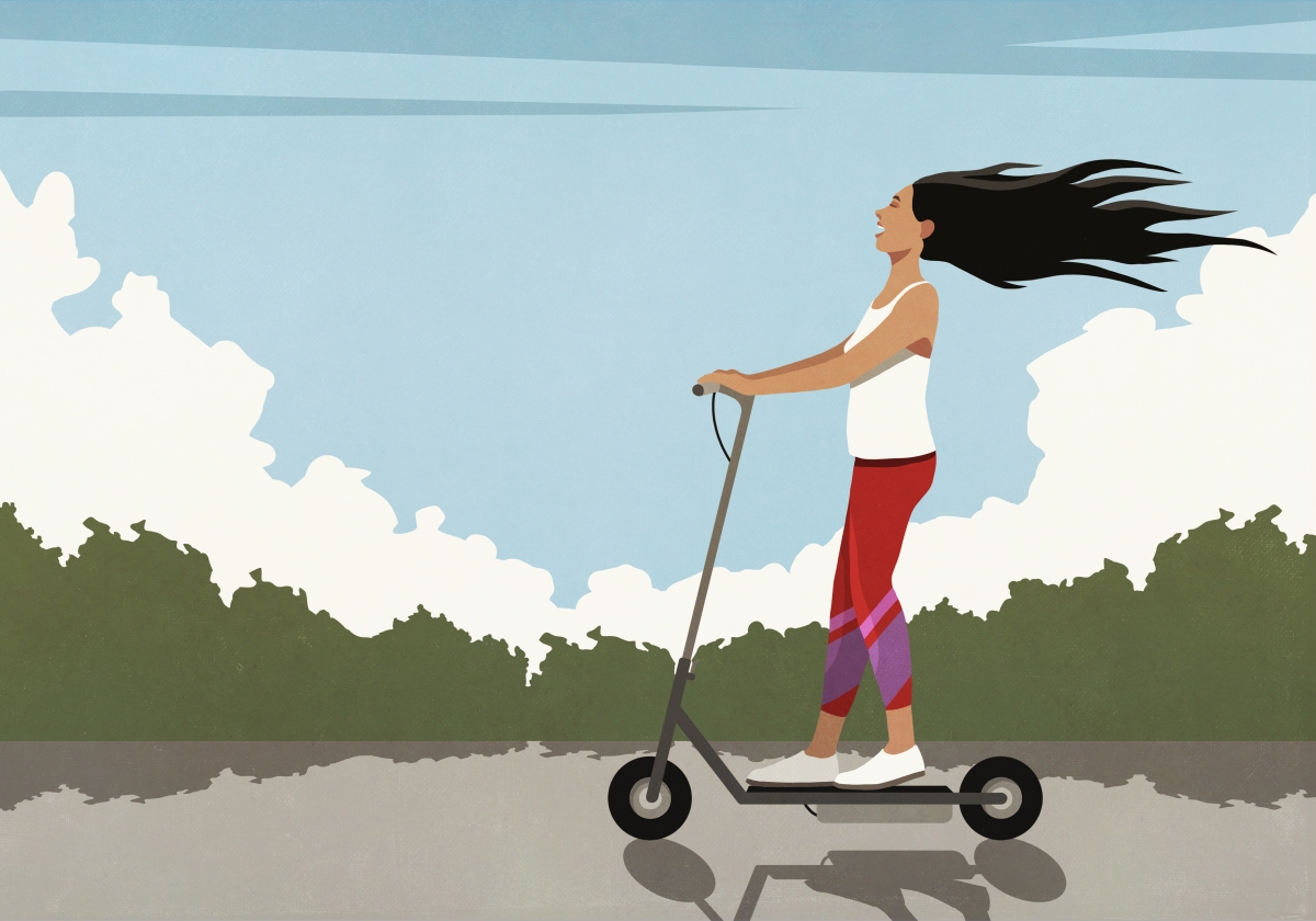 Illustration of a person riding a scooter outdoors.