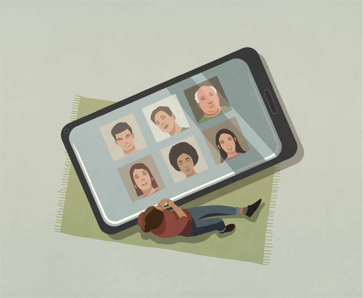 Illustration of person on the floor with a phone.