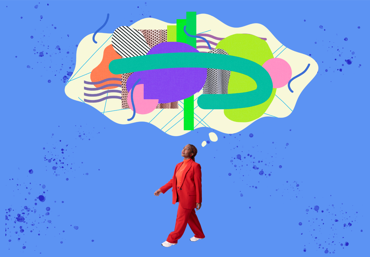 A women walking with a speech bubble on top of head with shapes inside. Conveys idea of thinking.