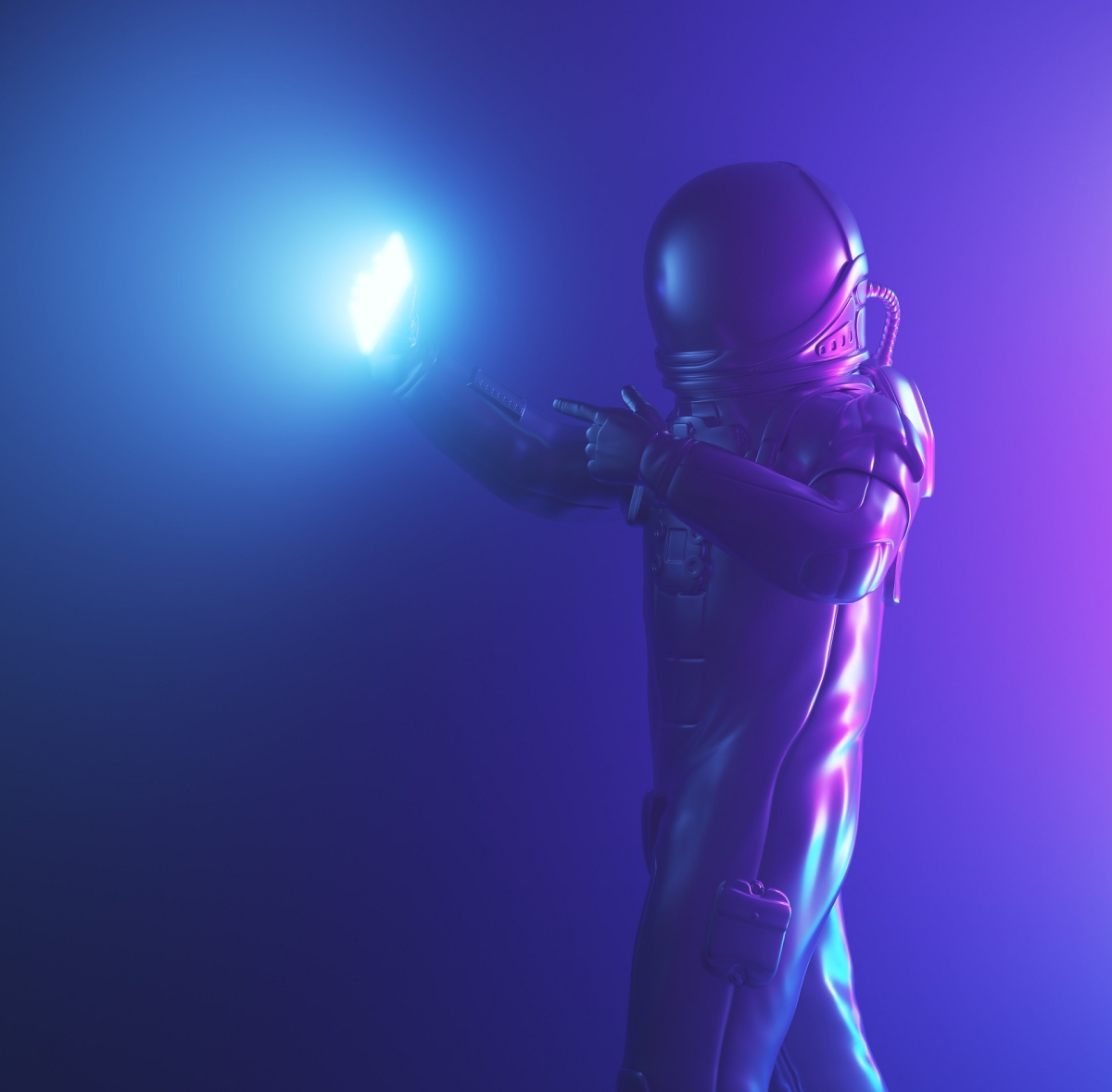 Astronaut exploring with torchlight