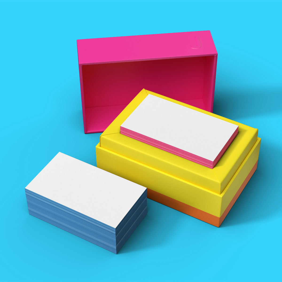 Open pink and yellow boxes revealing note cards against a blue background.