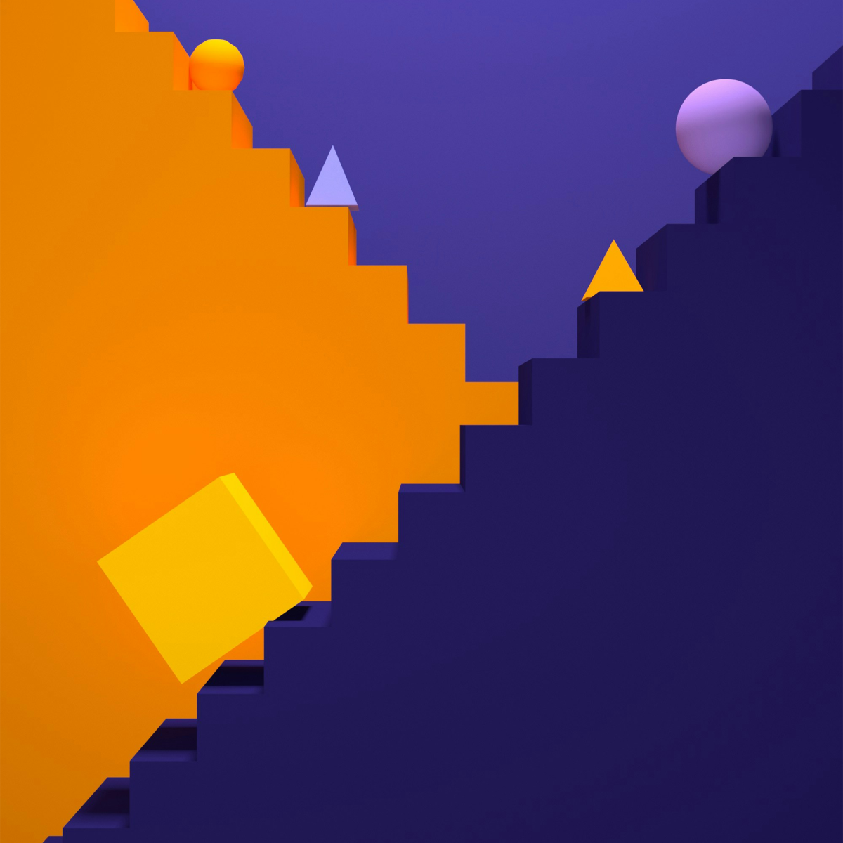 Multiple shapes on a purple and orange staircase.