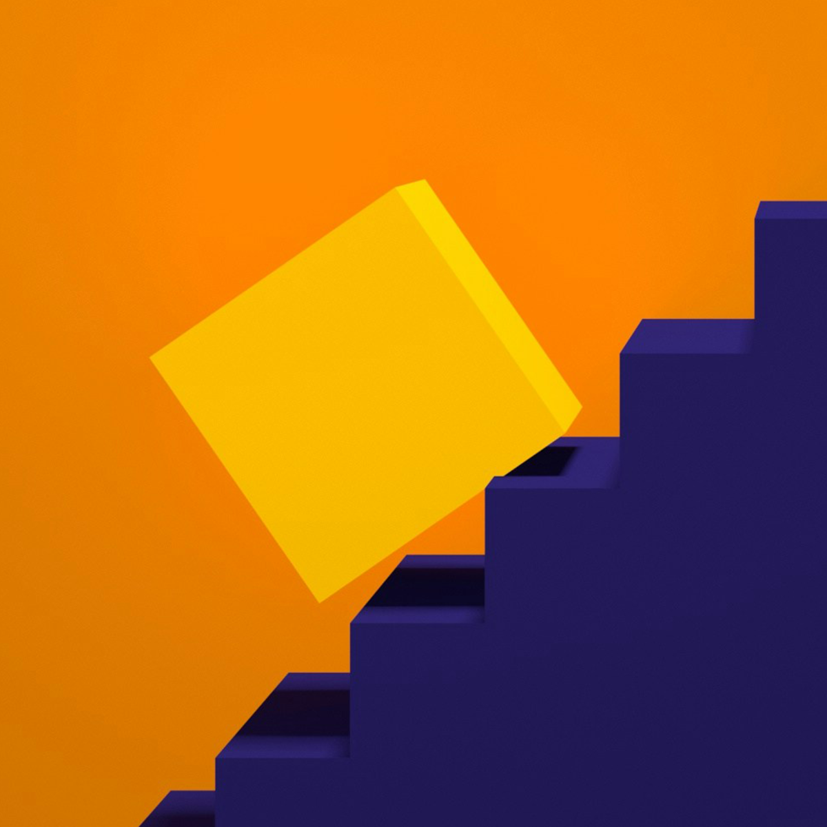 A yellow cube balancing on a purple staircase.
