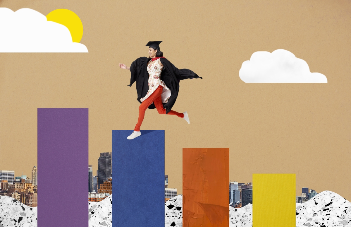 Edited image of a graduate running on bar charts.