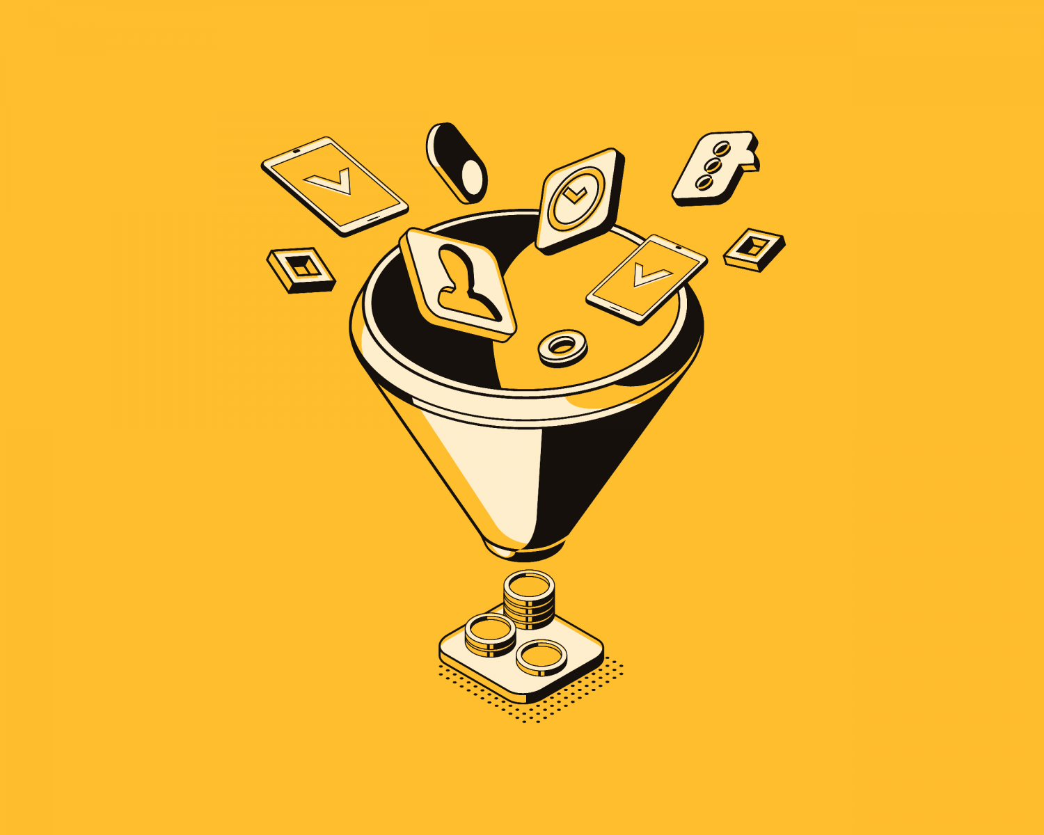 Illustration with icons going into a funnel: elements that go into a project