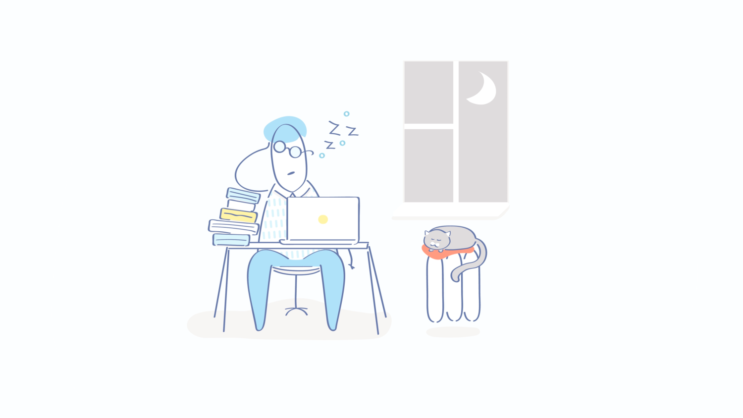 Illustration of person working at desk at night