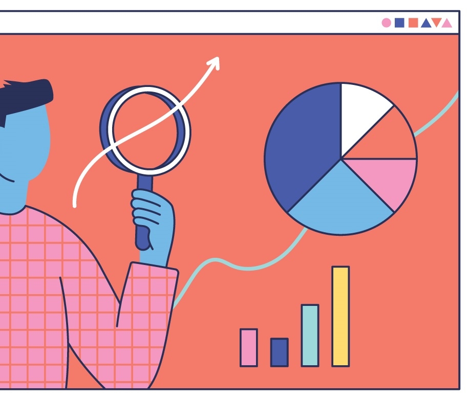 Illustration of person holding magnifying glass with charts in background