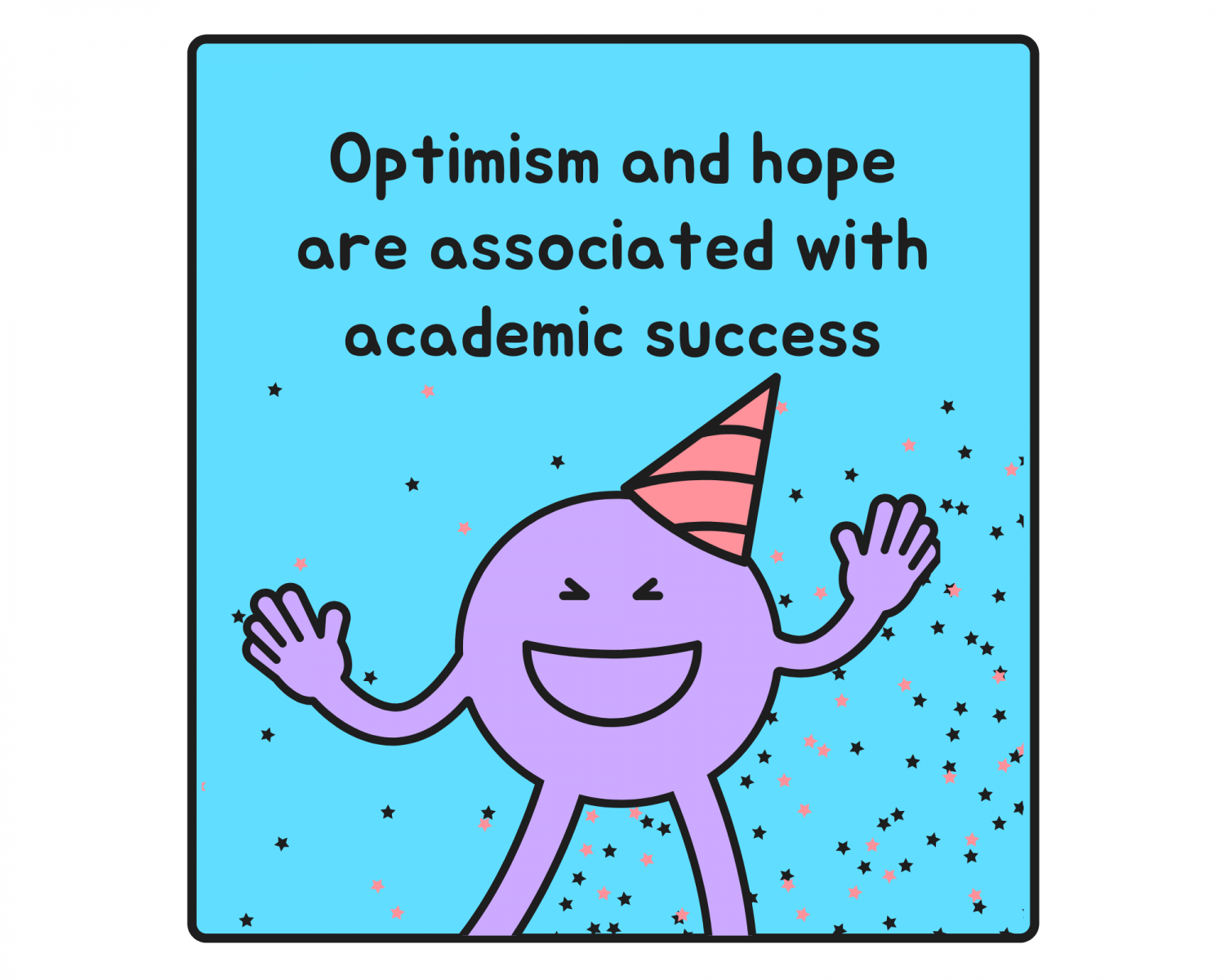 Small character wearing a party hat celebrating. Caption: Optimism and hope are associated with academic success