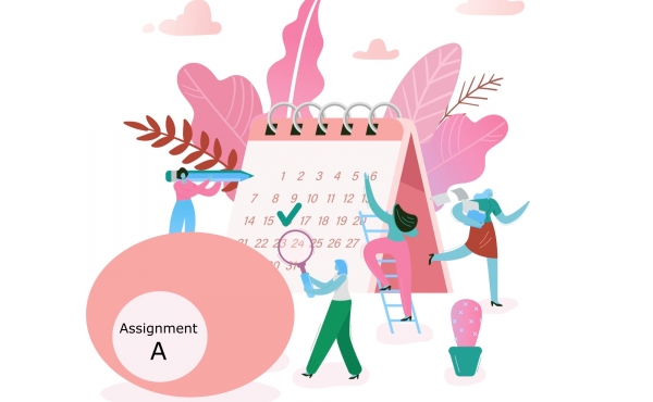 Illustration of characters adding tasks for an assignment to a calendar