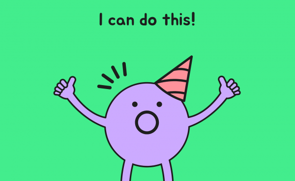 Small character with a party hat. Caption: I can do this!