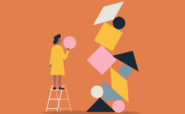 Image of a woman balancing pink, yellow, black, grey and white shapes.