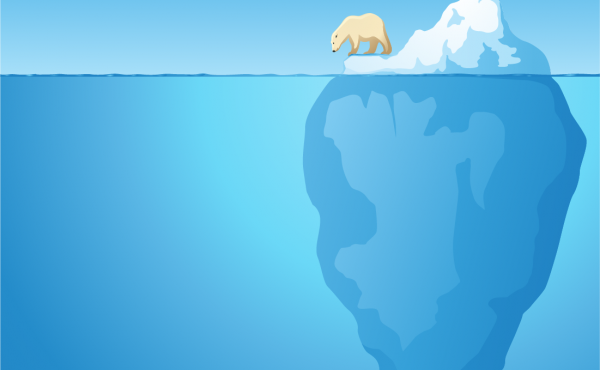 Illustration of a polar bear sitting on the tip of the iceberg.