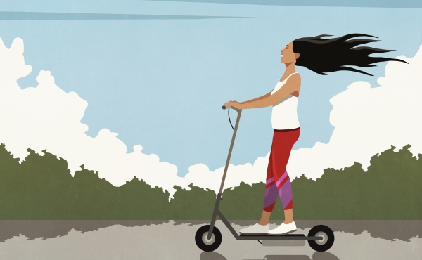 Illustration of a person riding a scooter outdoors.