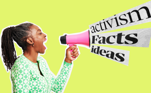 Student with a speakerphone with words coming out 'activism', 'facts' and 'ideas'.