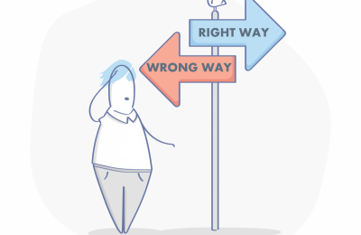 Person looking at a sign with two arrows: right way and wrong way