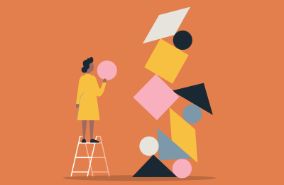 Image of a woman balancing pink, yellow, black, grey and white shapes.