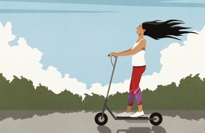 Illustration of a person riding a scooter outdoors.