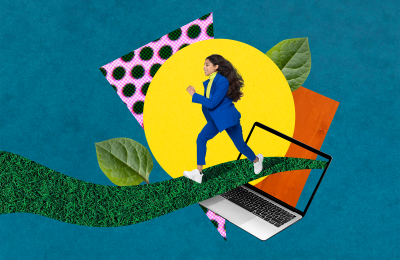 Image of a woman running out of a laptop on a green path.