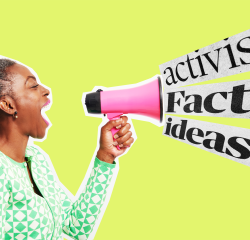 Student with a speakerphone with words coming out 'activism', 'facts' and 'ideas'.